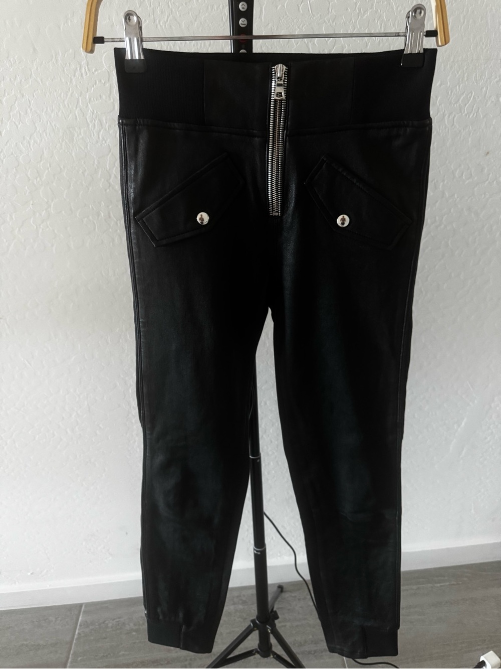 RtA Black Faux Leather Skinny Jeans with Exposed Center Zip